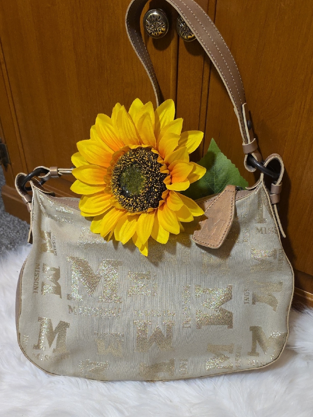 M by Missoni Metallic Beige Shoulder Bag with Tan Trim